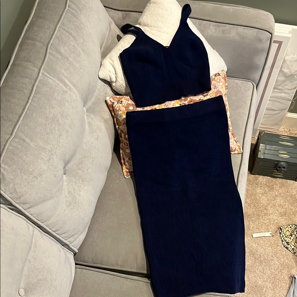 Navy Blue sweater crop top skirt set